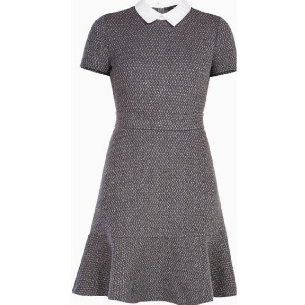 Textured Gray Fit-and-Flare Dress with White Collar